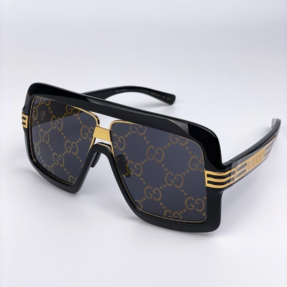 NEW Gucci GG0900S 001 Oversized  Black Shield Gold Logo Unisex Sunglasses - Picture 5 of 14